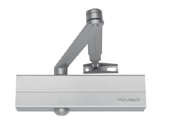 Cierrapuertas ASSA ABLOY DC120 PLATA de piñón-cremallera con brazo articulado con retención