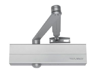 Cierrapuertas ASSA ABLOY DC120 PLATA de piñón-cremallera con brazo articulado con retención
