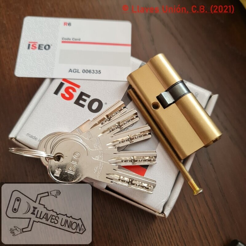 Cilindro ISEO R6 30x40 mm. Latonado. Llave Seguridad. Leva Larga