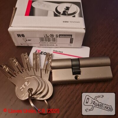 Cilindro ISEO R6 30x45 mm. Niquelado. Llave Seguridad. Leva Larga