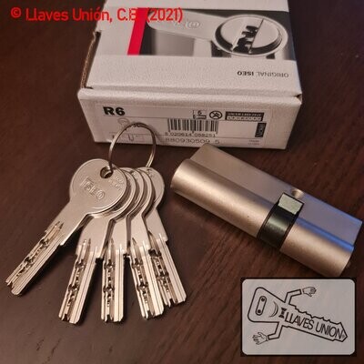 Cilindro ISEO R6 30x50 mm. Niquelado. Llave Seguridad. Leva Larga Cilindro ISEO R6 30x50 mm. Niquelado. Llave Seguridad. Leva Larga