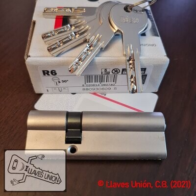 Cilindro ISEO R6 30x60 mm. Niquelado. Llave Seguridad. Leva Larga Cilindro ISEO R6 30x60 mm. Niquelado. Llave Seguridad. Leva Larga