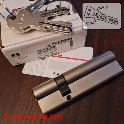 Cilindro ISEO R6 30x70 mm. Niquelado. Llave Seguridad. Leva Larga