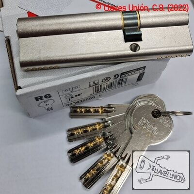 Cilindro ISEO R6 35x65 mm. Niquelado. Llave Seguridad. Leva Larga Cilindro ISEO R6 35x65 mm. Niquelado. Llave Seguridad. Leva Larga