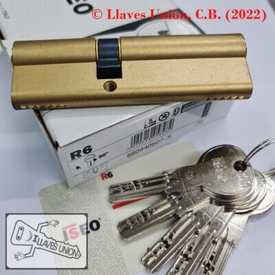 Cilindro ISEO R6 40x60 mm. Latonado. Llave Seguridad. Leva Larga Cilindro ISEO R6 40x60 mm. Latonado. Llave Seguridad. Leva Larga