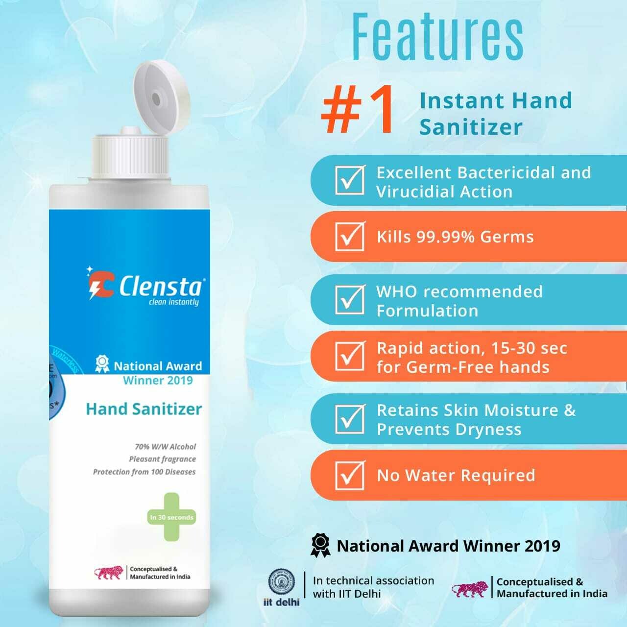 Clensta Instant Hand Sanitizer – Waterless Hand Rub (250ml) X 2 NOs ( Free shipping)