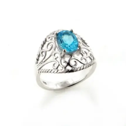 Open Lace Filigree Dome and Blue Topaz Silver Ring - Size 8