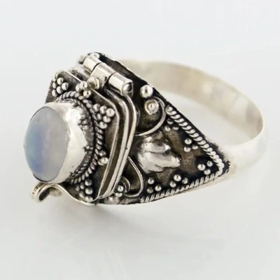 Silver Medieval Poison Ring with Rainbow Moonstone - Size 10
