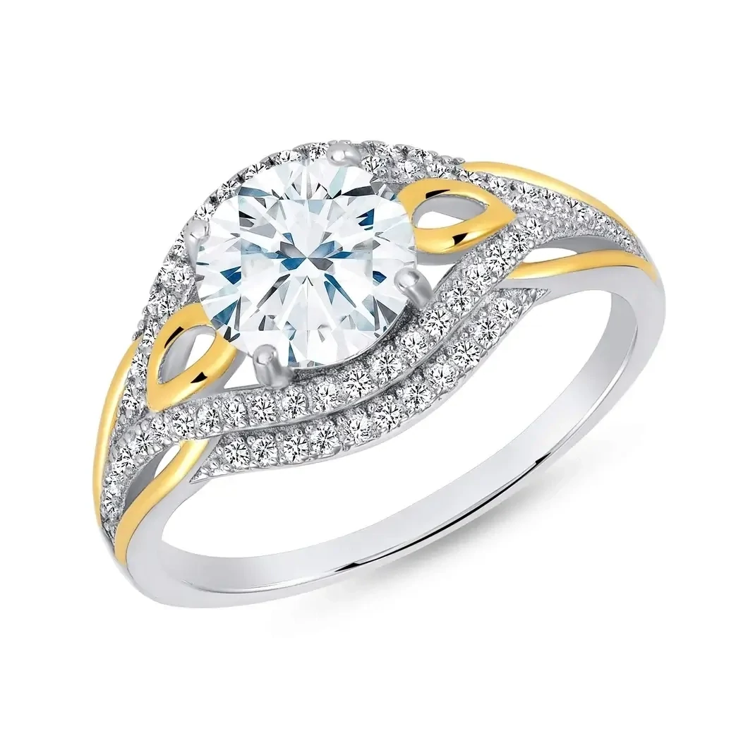 Sterling Silver Two Tone Pave Setting Solitaire Ring