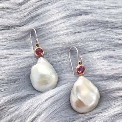 Baroque Pearl Earrings - Rhodolite Garnet