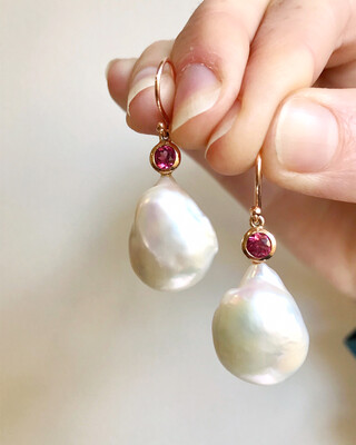 Baroque Pearl Earrings - Rhodolite Garnet
