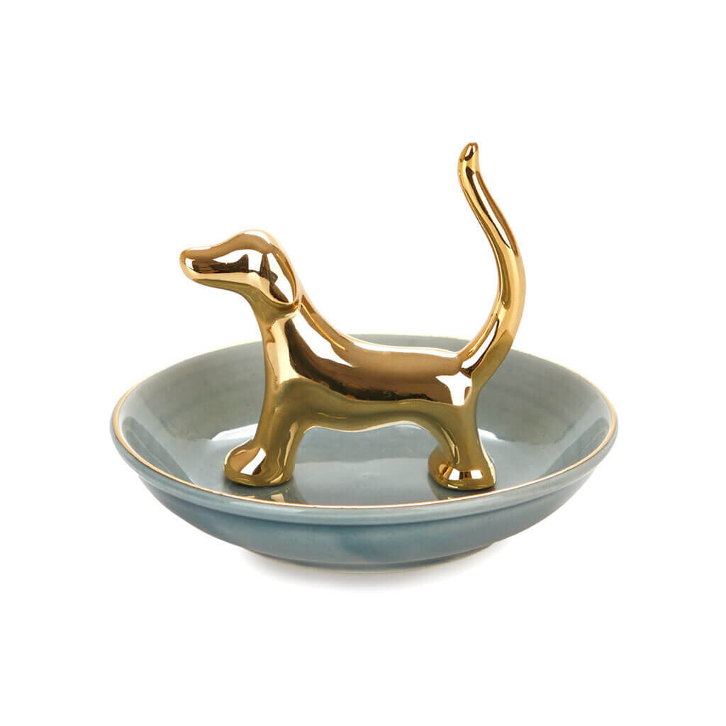 Porte-bagues en céramique chien basset doré