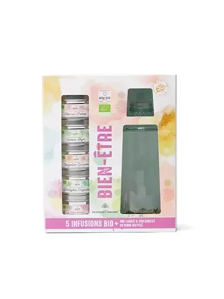 Coffret Infusions “Bien Etre” Bio Une Bouteille + Verre + 5 Mini Boîtes Infusions