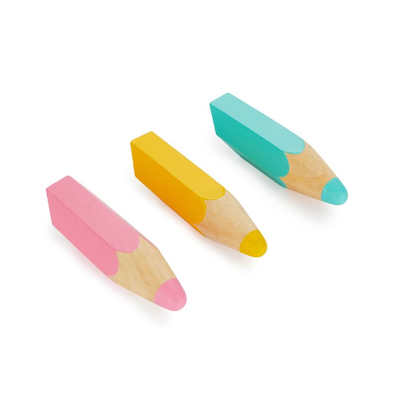 3 patères crayon en bois jaune, rose et turquoise