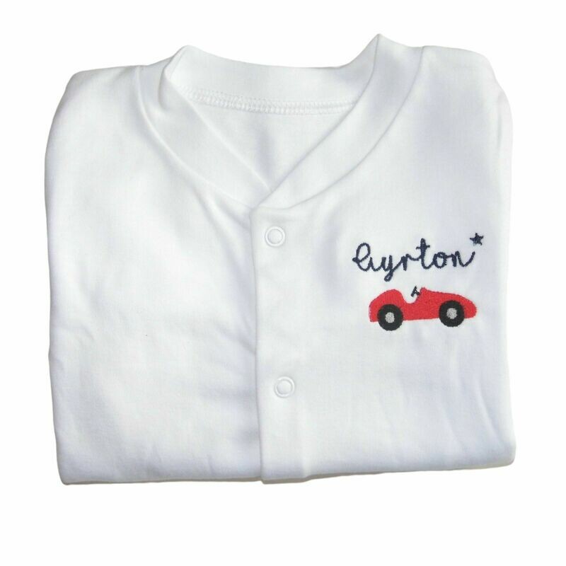 Personalised Baby Sleepsuit with Embroidered Racing Car