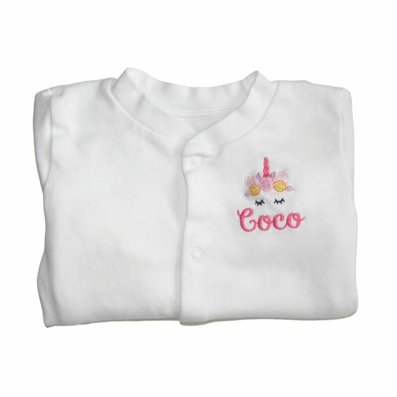 Personalised Unicorn Baby Sleepsuit with Embroidered Name