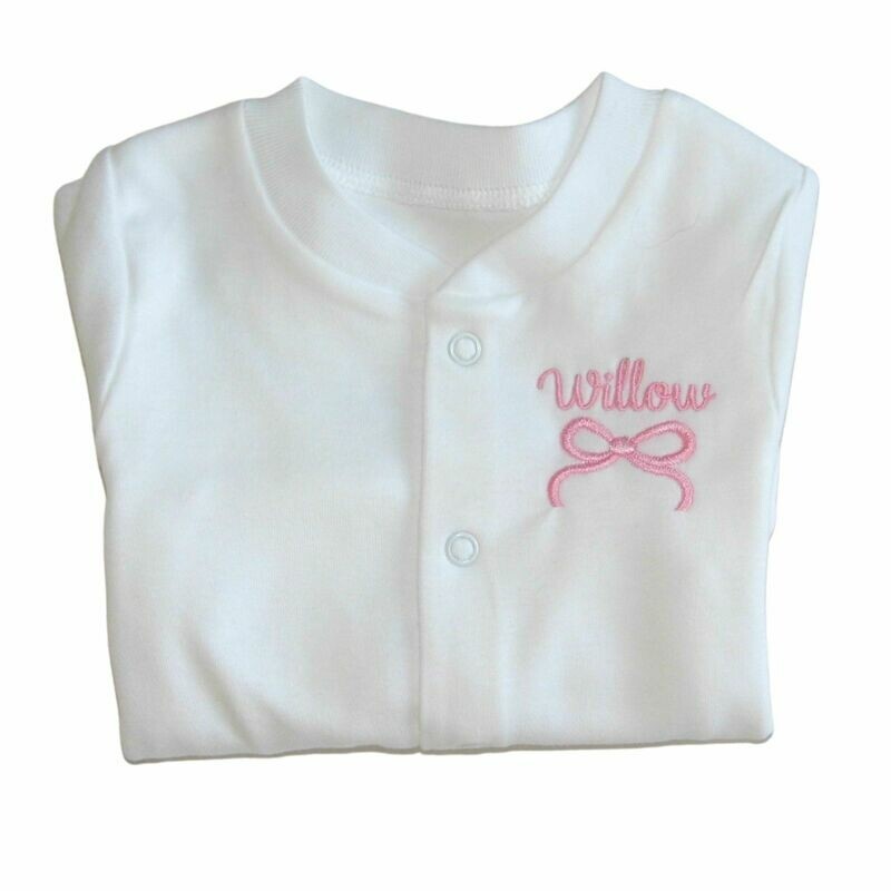 Personalised Baby Sleepsuit with Embroidered Name and Bow
