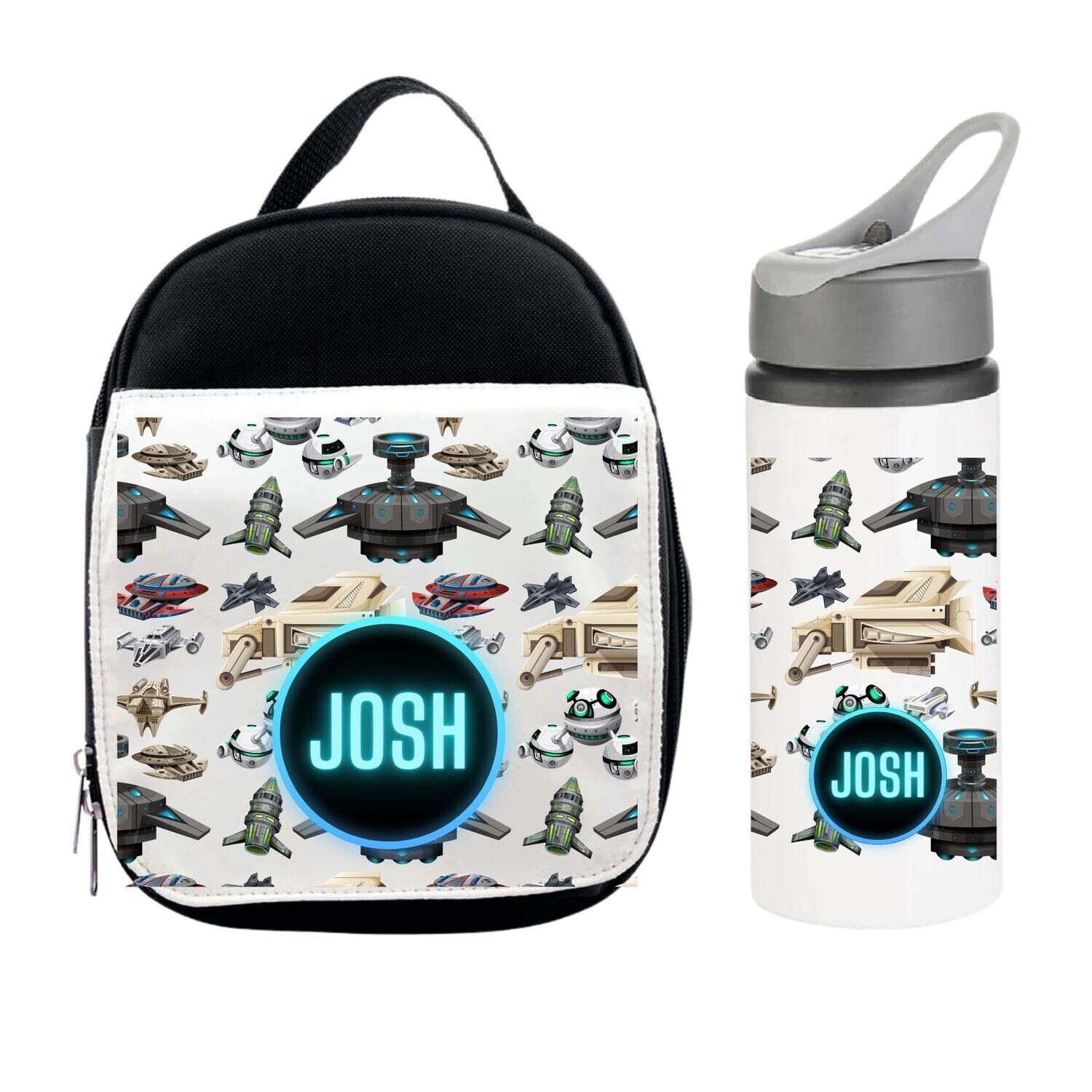 Boys Personalised Lunch Box & Water Bottle - Space Ship Wars