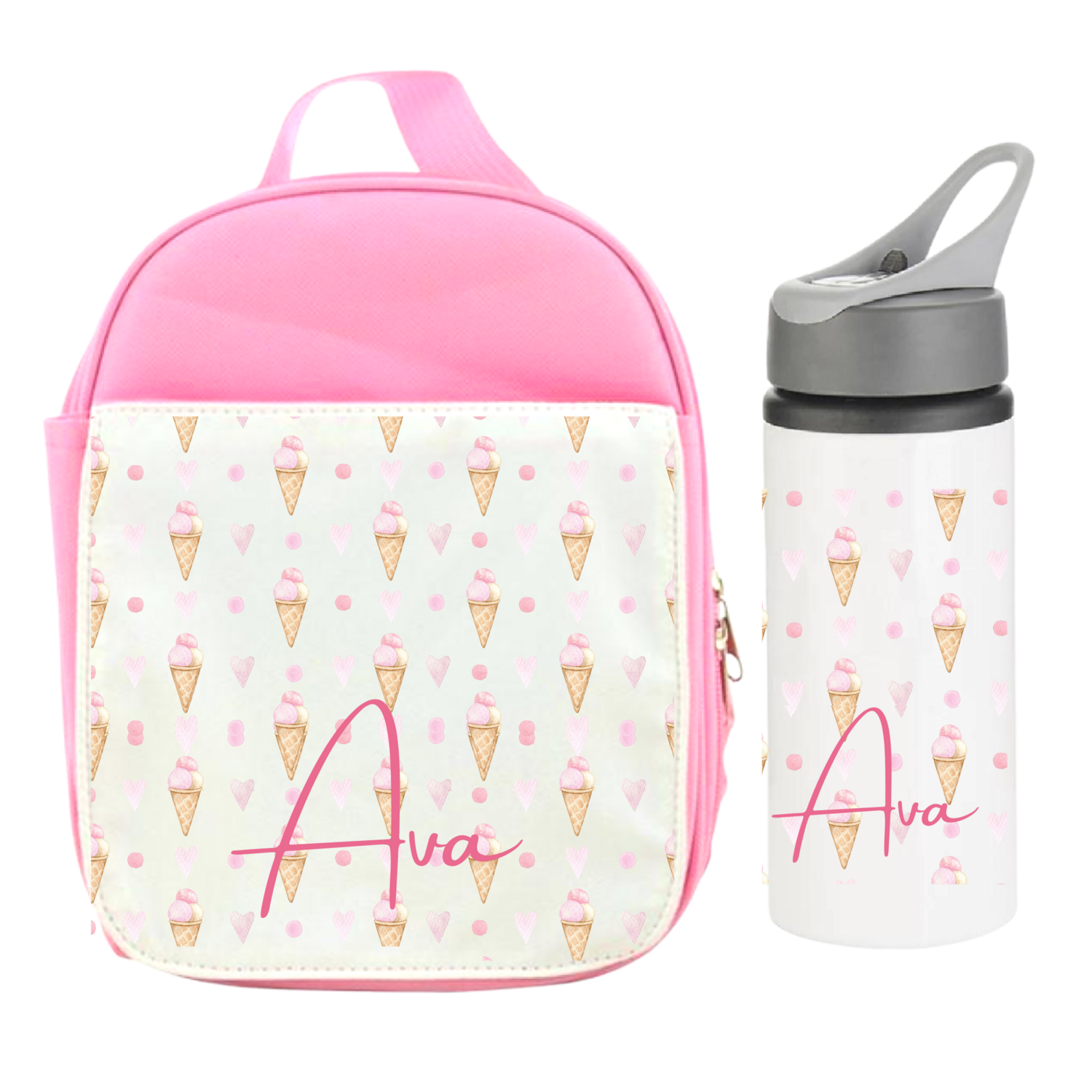 Girls Personalised Lunch Set - Ice Cream Lunch Box & Drinks Bottle