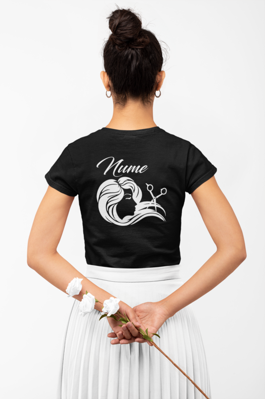 Tricou Damă Personalizat – Hairstylist cu Nume și Print Pe Spate
