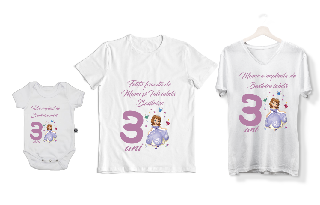 Set Tricouri Personalizate Familie – Aniversare 3 Ani cu Prințesa Sofia