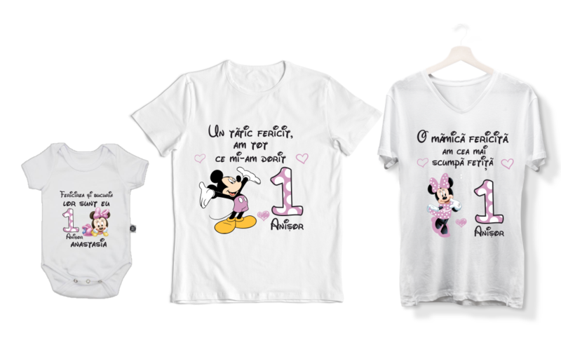 Set Tricouri Personalizate Familie Aniversare 1 An – Tematică Minnie Roz
