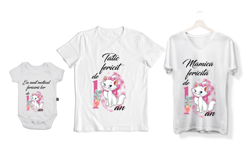 Set Tricouri Familie Personalizate 1 An – Pisicuță Roz și Flori