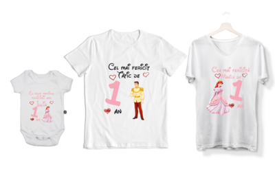 Set tricouri Familie – „Princess de 1 an” – personalizat cu nume, design cu prințesă și prinț