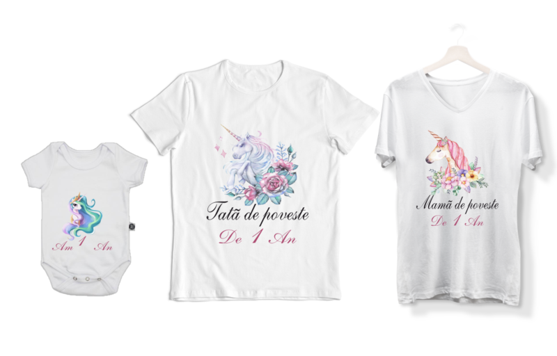 Set tricouri aniversare Familie – „De 1 An” cu unicorni – bumbac 100%, design magic