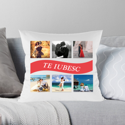 Pernă personalizată cu 6 poze colaj + text „TE IUBESC”