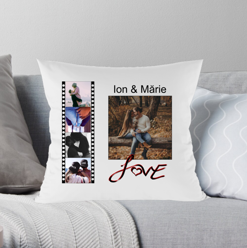 Pernă personalizată cu 5 poze + numele cuplului + text „LOVE”