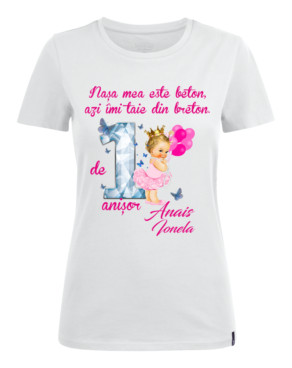 Tricou Nașă personalizat – „Nașa mea este beton, azi îmi taie din breton” – bumbac 100%, cu numele copilului