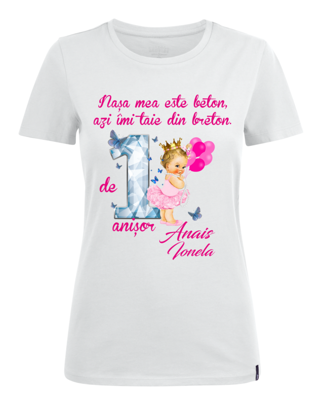 Tricou Nașă personalizat – „Nașa mea este beton, azi îmi taie din breton” – bumbac 100%, cu numele copilului