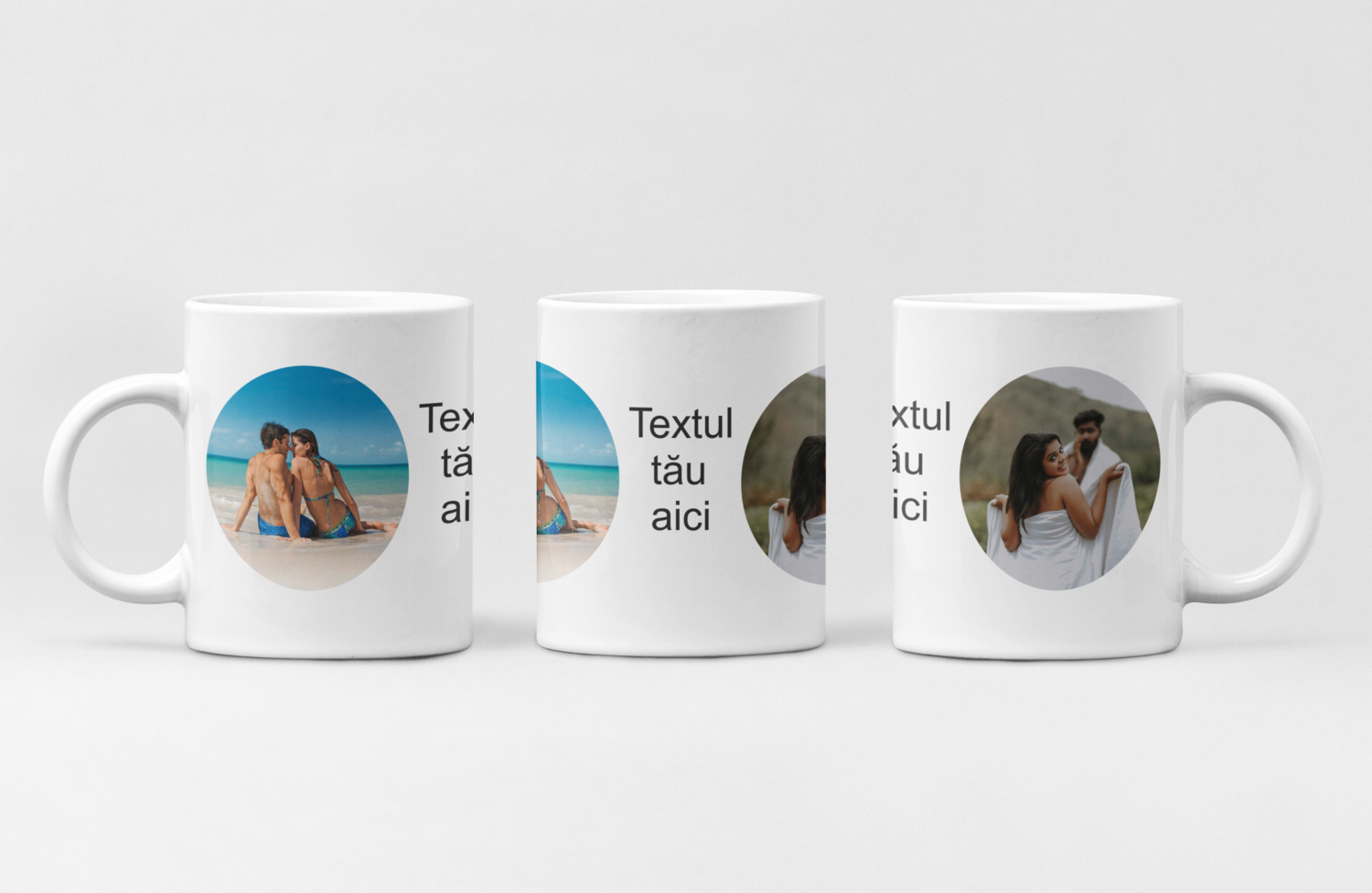 Cană personalizată cu 2 poze rotunde și text – Cadou creativ, plin de emoție și stil