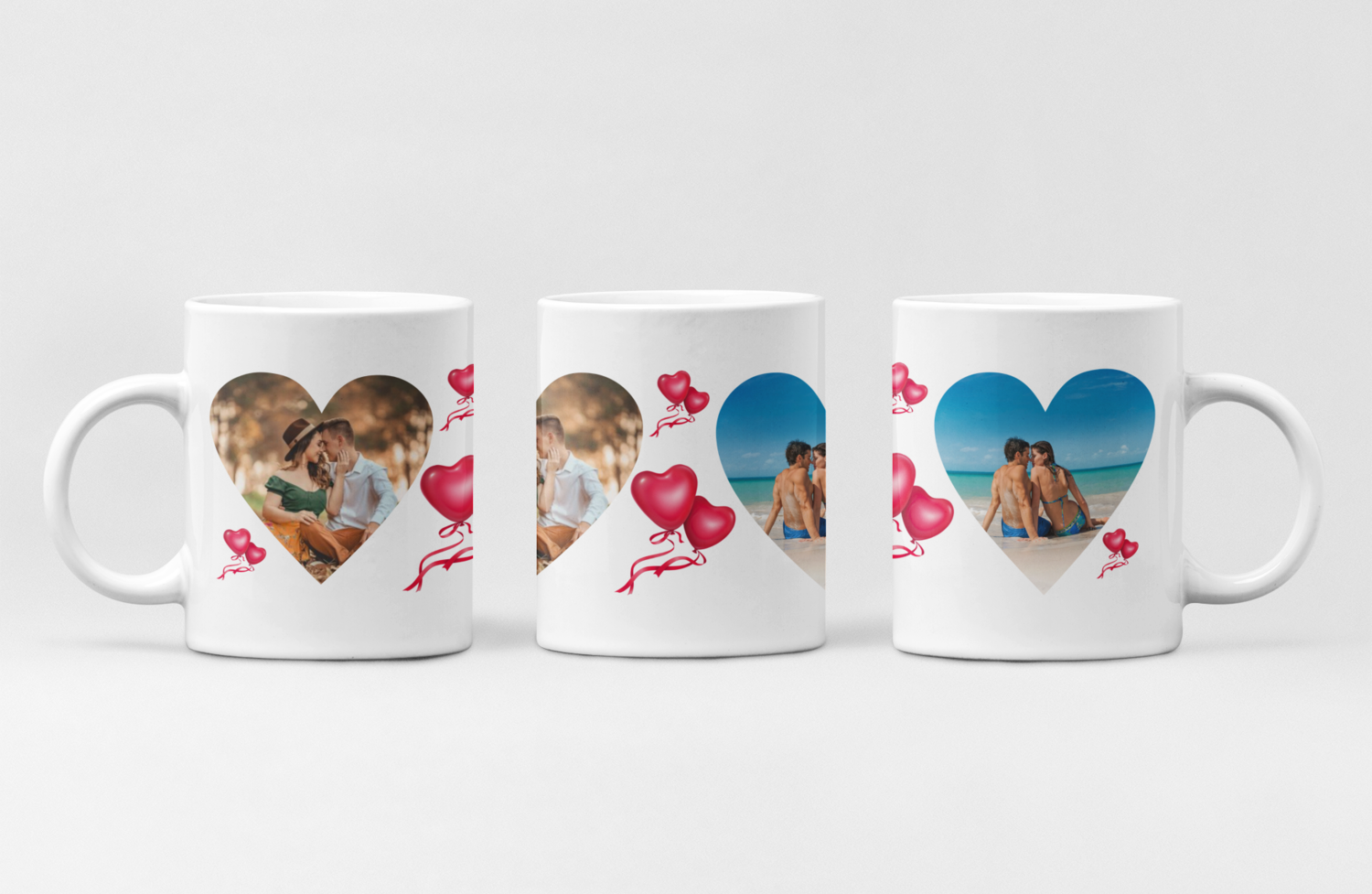 Cană personalizată cu 2 poze în formă de inimă – Cadoul ideal pentru cei care se iubesc