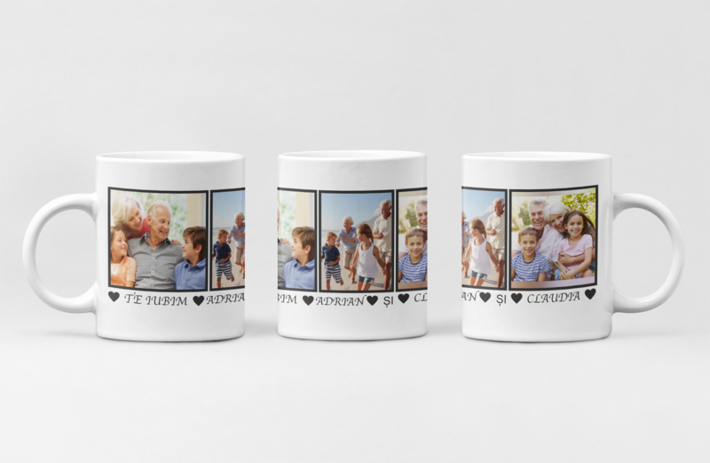 Cană personalizată cu 3 poze și mesaj „Te iubim” – Cadoul perfect din inimă, pentru suflet