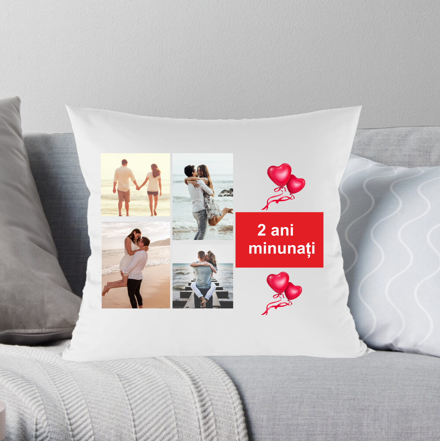 Pernă personalizată cu 4 poze și mesaj – design plin de emoție