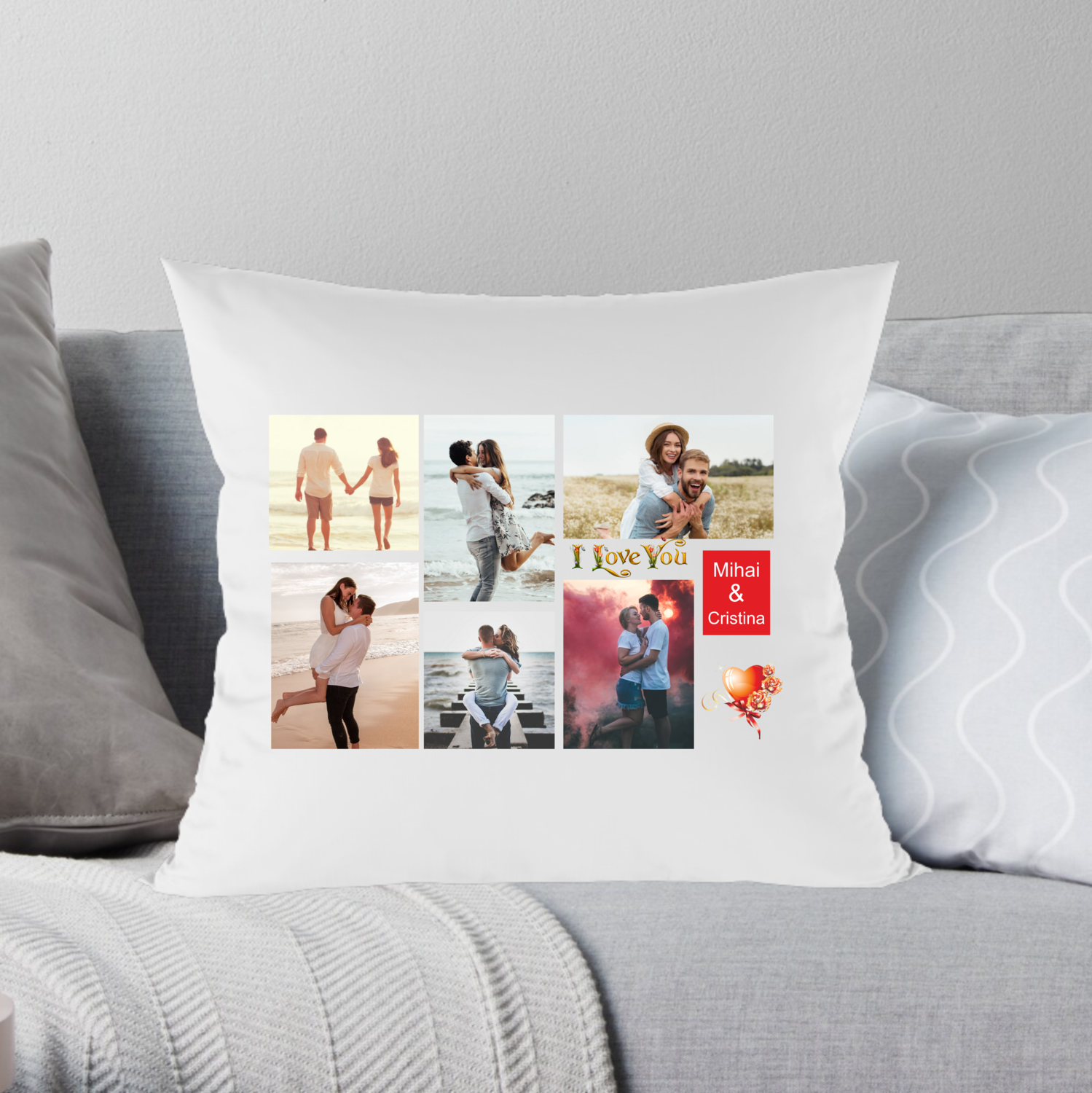 Pernă personalizată cu 6 poze și nume – design cu impact emoțional