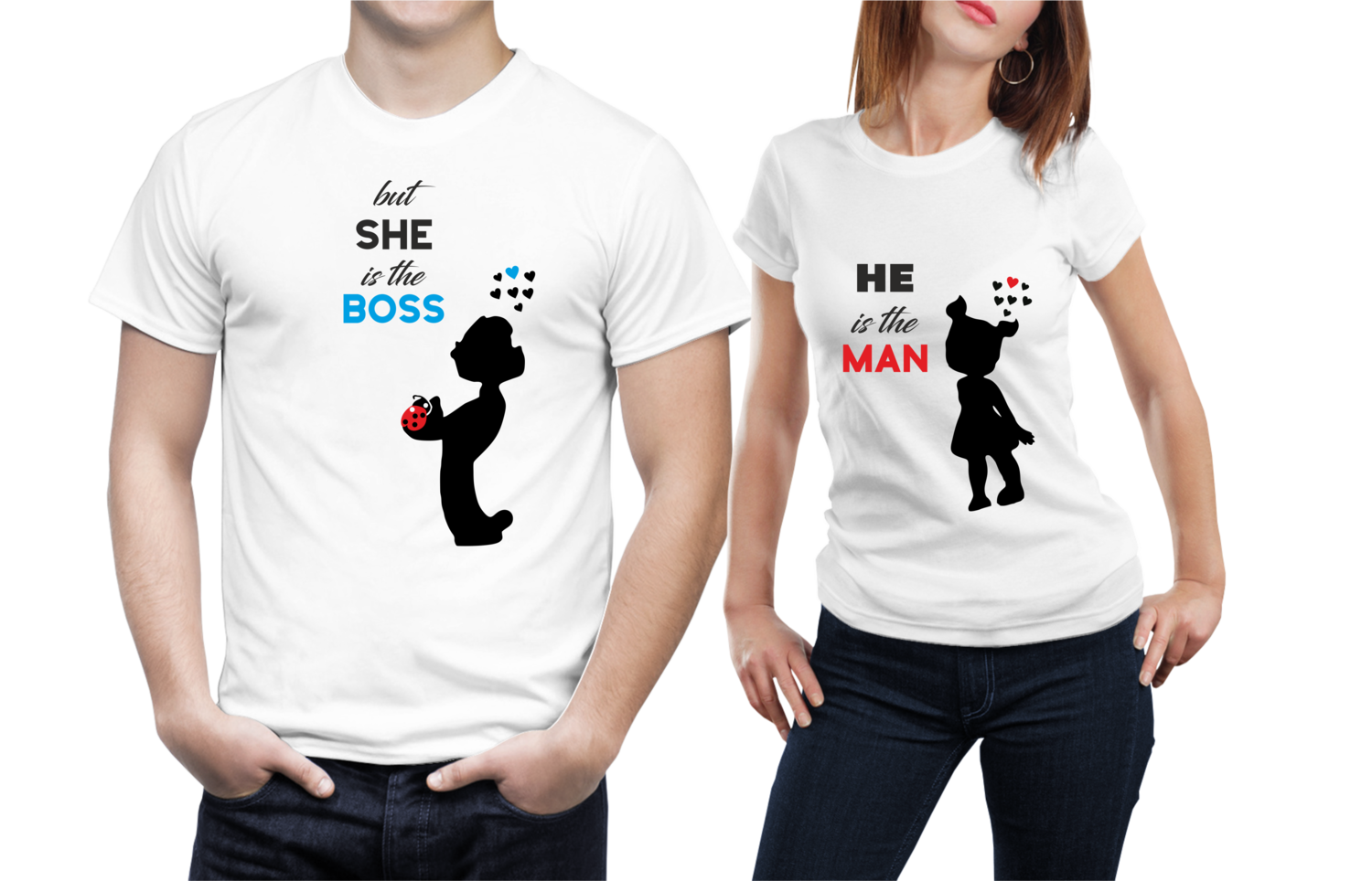 Set tricouri cuplu – „HE is the MAN / but SHE is the BOSS” – bumbac 100%, design amuzant