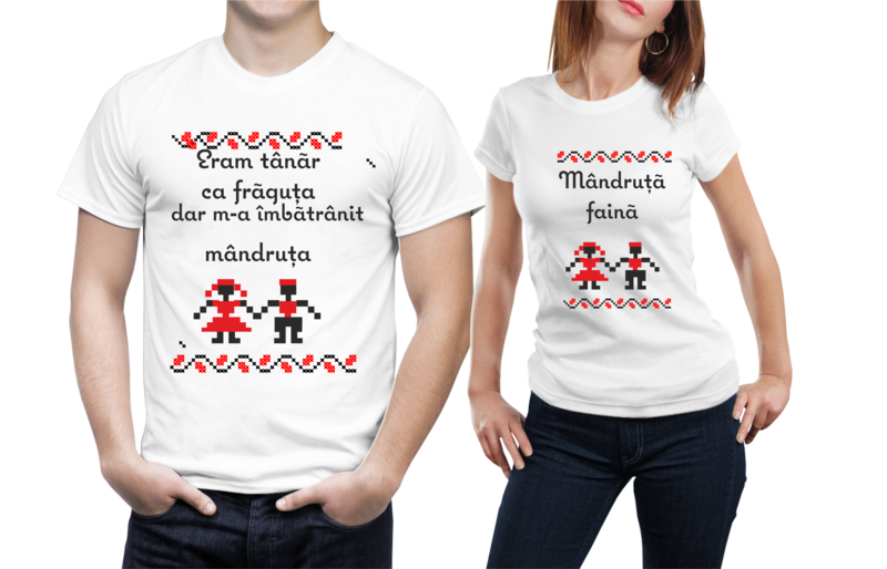 Set tricouri cuplu – „Eram tânăr ca frăguța...” / „Mândruță faină” – bumbac 100%, stil folcloric cu umor