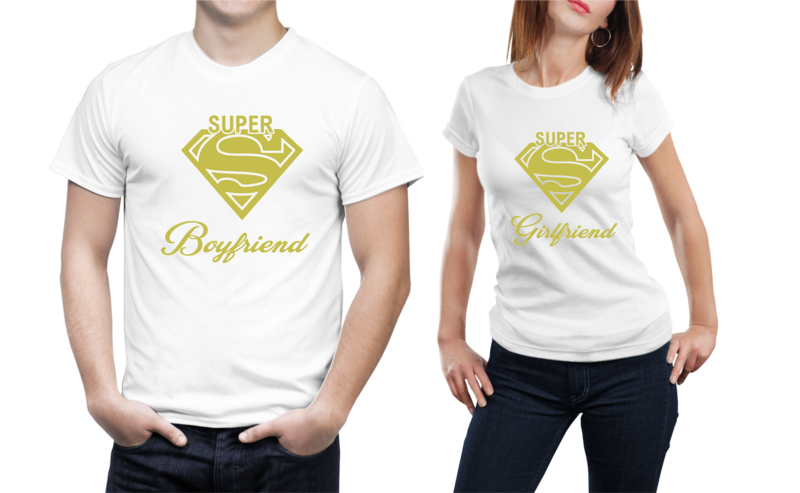 Set tricouri cuplu – „Super Boyfriend &amp; Super Girlfriend” – bumbac 100%, stil super-erou modern
