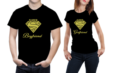 Set tricouri cuplu – „Super Boyfriend &amp; Super Girlfriend” – bumbac 100%, stil super-erou modern