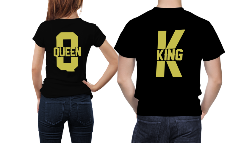 Set tricouri cuplu – „King &amp; Queen” – bumbac 100%, cu imprimeu auriu pe spate