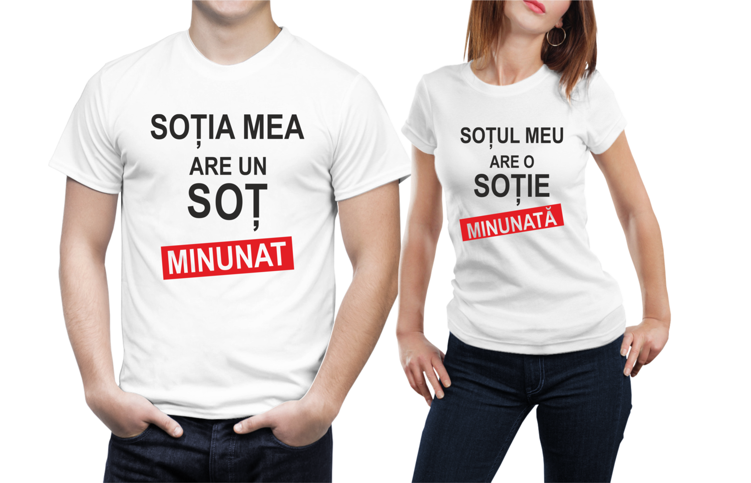 Set tricouri cuplu – „Soția mea are un soț minunat / Soțul meu are o soție minunată” – bumbac 100%, mesaj cu autoironie și iubire