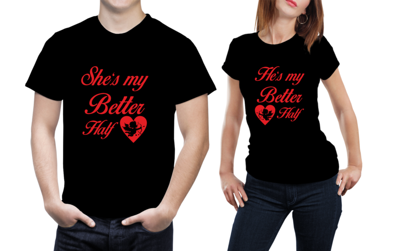 Set tricouri cuplu – „He’s / She’s my Better Half” – bumbac 100%, design romantic cu îngeraș