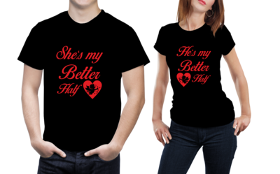 Set tricouri cuplu – „He’s / She’s my Better Half” – bumbac 100%, design romantic cu îngeraș