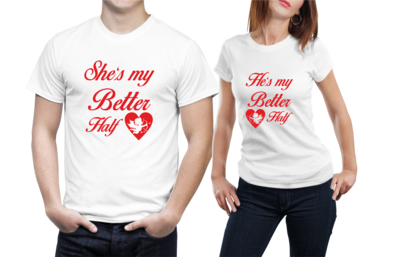 Set tricouri cuplu – „He’s / She’s my Better Half” – bumbac 100%, design romantic cu îngeraș