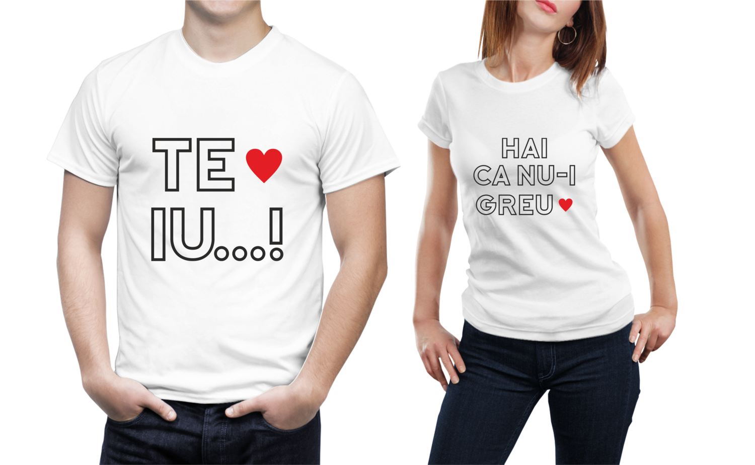 Set tricouri cuplu – „TE IU...!” &amp; „HAI, că nu-i greu” – bumbac 100%, perfect pentru îndrăgostiți cu simțul umorului