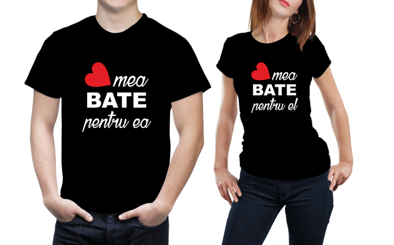 Set tricouri cuplu – „Inima mea bate pentru el / ea” – bumbac 100%, iubire imprimată