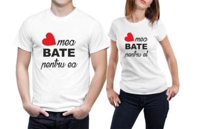 Set tricouri cuplu – „Inima mea bate pentru el / ea” – bumbac 100%, iubire imprimată